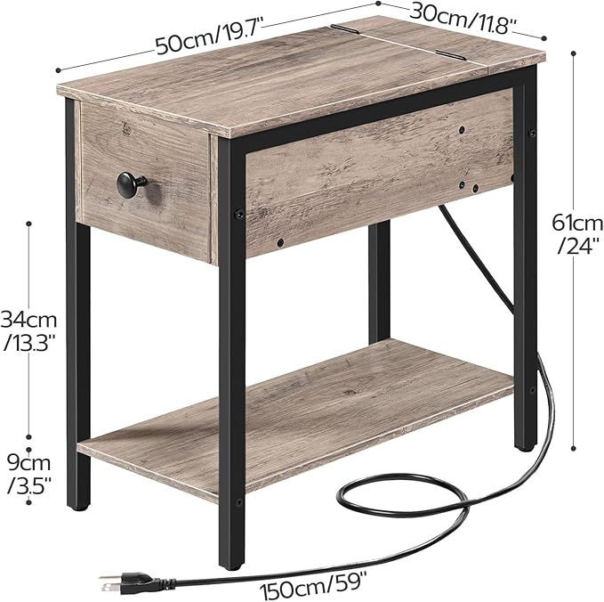 HOOBRO End Table with Charging Station, Narrow Side Table, Small Nightstand, Bedside Tables with Drawer and Storage Shelves, for Small Spaces, Living Room, Bedroom, Greige and Black BG041BZ01G1