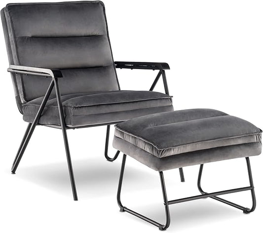 MCombo Modern Accent Chair, Velvet Club Chair, Upholstered Armchair for Small Space, Living Room & Office Reception, Fabric 4747 4750 (Chair with Ottoman, Dark Grey)
