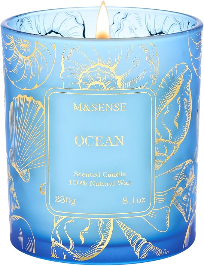 M&SENSE Ocean Scented Candles,Vegan Soy Candles,8.1oz 42-Hour Slow Burning Time,No Toxin Subtle Scented Home Fragrance for Summer Bathtub Aromatherapy Calming,Gifts for Women & Men