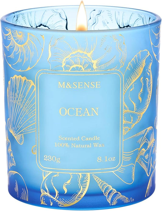 M&SENSE Ocean Scented Candles,Vegan Soy Candles,8.1oz 42-Hour Slow Burning Time,No Toxin Subtle Scented Home Fragrance for Summer Bathtub Aromatherapy Calming,Gifts for Women & Men