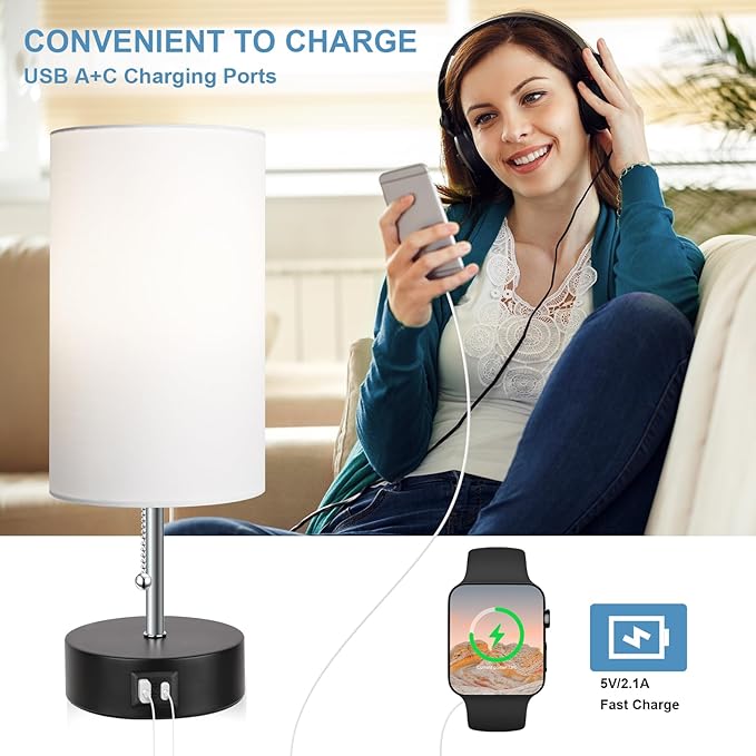 3-Color Temperature Bedside Lamp Nightstand Lamp with USB A Port and C Port, Table Lamp for Bedroom with LED Bulb Small Lamps for Living Room (White)