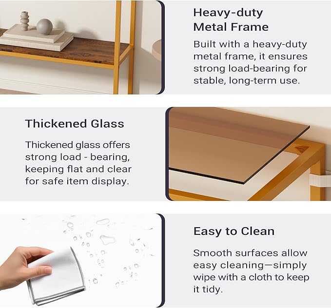 Console Sofa Table, 52" Modern Entryway Table, 2-Tier Open Shelf with Tempered Glass, Metal Frame Behind Couch Table with Gold Metal Frame for Living Room Hallway Entrance, Brown