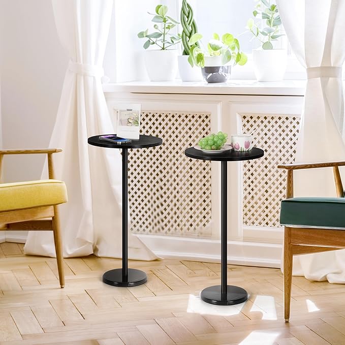 smusei Drink Tables for Small Spaces Pedestal Side Table Set of 2 Small Round Side Tables with Marble Base Black Pedestal Stand for Sofa Couch Chair Patio, Black