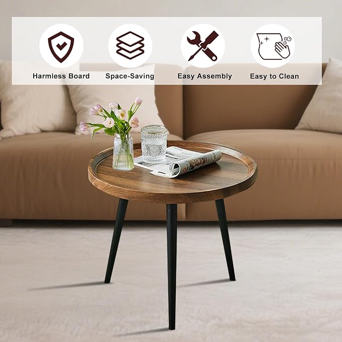 Jessie Small Round Coffee Tables,50x50x48cm Mid Century Modern Nesting Tables,Easy Assembly Circle Walnut Coffee Tables with Non-Slip Feet,Nesting Coffee Table for Living Room Balcony Yard