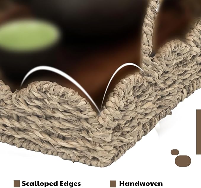 14" Handmade Wicker Tray with Scalloped Edge, Seagrass Basket with Handles, Decorative Boho Accent for Coffee Table or Ottoman, Holiday Serving