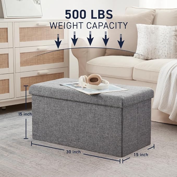 Ornavo Home Foldable Tufted Linen Large Storage Ottoman Bench Foot Rest Stool/Seat - 15" x 30" x 15" (Grey)