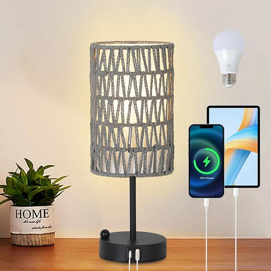 Touch Bedside Lamp For Bedroom with Bulb, Gray Boho Small Table Lamp For Living Room With Rattan & Linen Shade, 3 Way Dimmable Table Lamp For Nightstand With USB Charging Port & Phone Stand For Office
