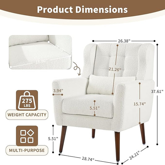 Modern Accent Chair, Upholstered Arm Chair with Waist Pillow, Single Sofa Chair for Living Room Bedroom Small Spaces (White)