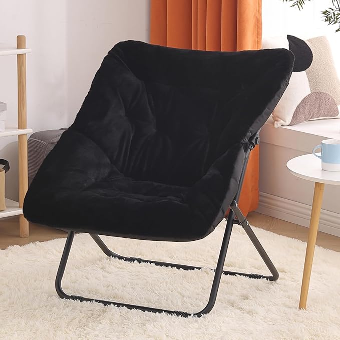 Saucer Chair, Comfy Bedroom Chairs, Oversized Folding Faux Fur Chair, Foldable Metal Frame Chair for Bedroom, Patio, Study, Playroom (Black)