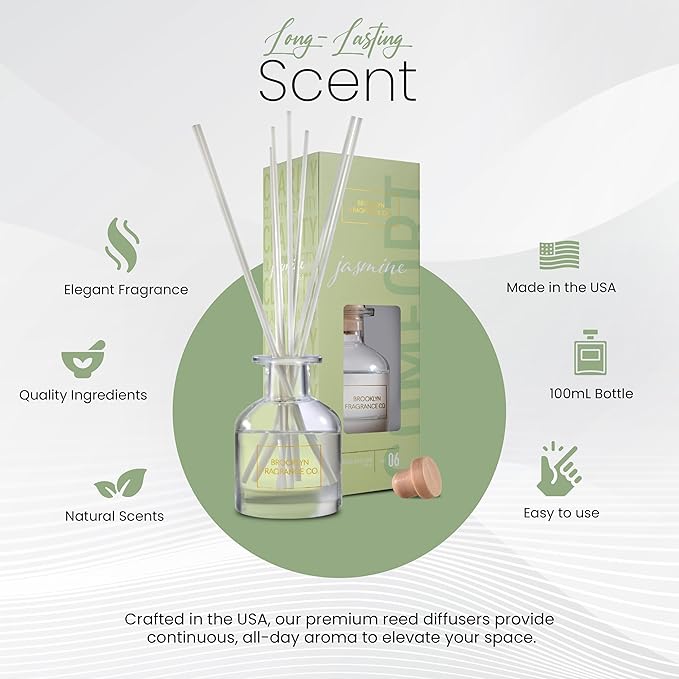 Brooklyn Fragrance Co. Aroma Diffuser - Long Lasting Premium Fragrance - Air Fresheners for Home Jasmine Scents - Fragrance Diffuser for a Large Room - 100ML