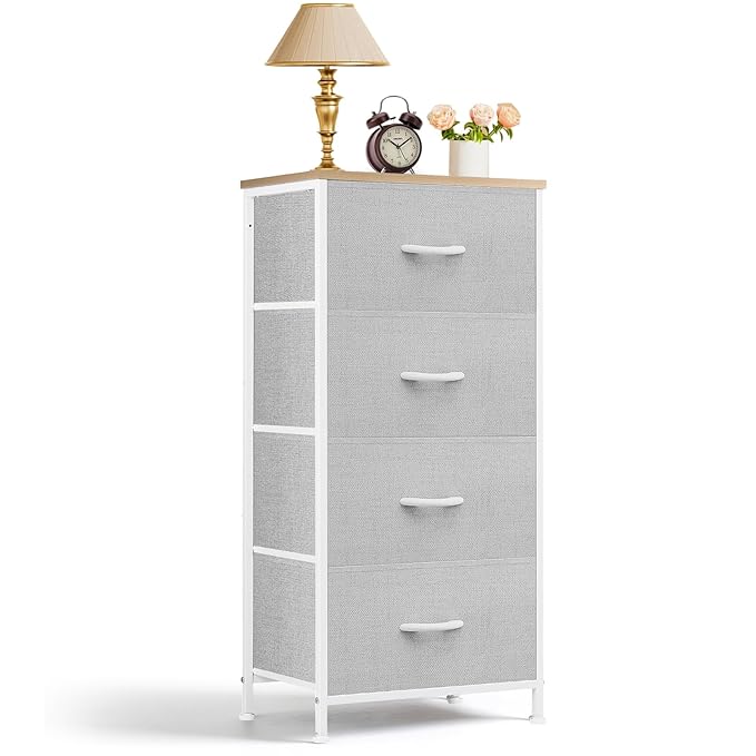 Nightstand, 4 Drawer Dresser End Table Bedside Furniture with Wooden Top Steel Frame Fabric Bins for Bedroom, Closet, Entryway, Dorm, Living Room, Light Gray