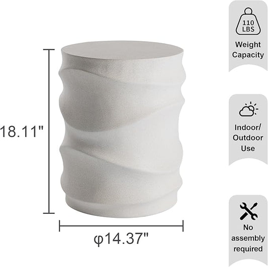 HOMPUS Outdoor Side Table, Patio End Table w Water Wave, Unique MgO Round Lightweight Concrete Accent Table, Modern Vintage Plant Stand Garden Tool for Indoor Outdoor Use, Warm White
