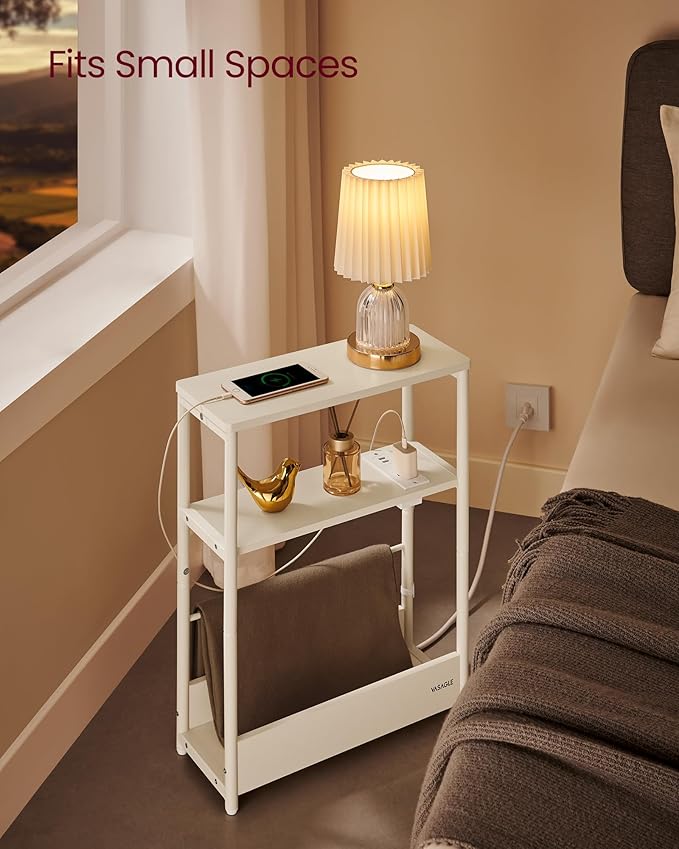 VASAGLE Side Tables with Charging Station, Set of 2 Narrow End Tables, 3-Tier Nightstands, Sofa Tables for Small Spaces, for Living Room, Bedroom, Study, Cream White ULCT664W01