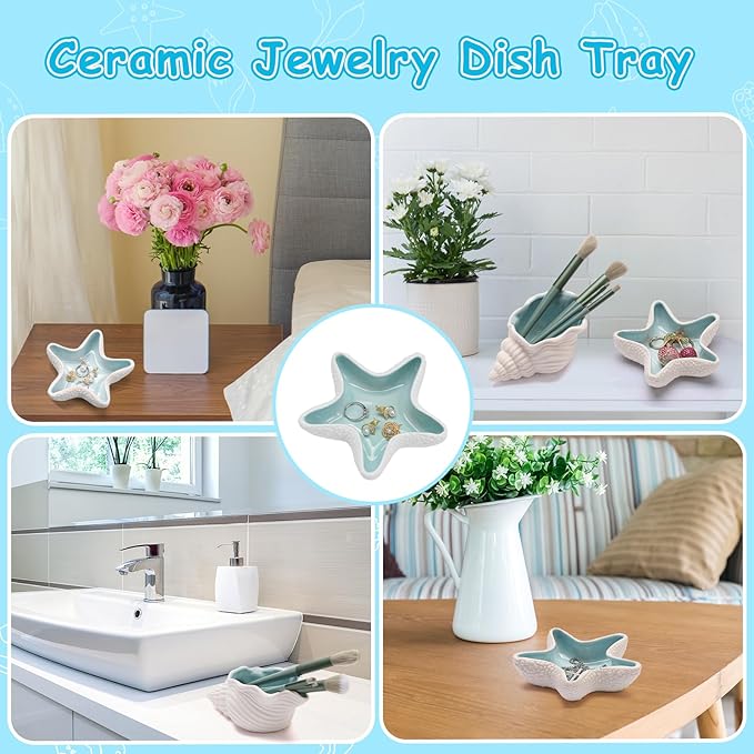 Jewelry Dish Tray For Coastal Beach Room Decor,Cute Ceramic Ring Holder Gift For Women Sister Mom Friend ,Decorative Trinket Jewelry Organizer Tray For Rings Earrings Necklaces ets (Blue conch)