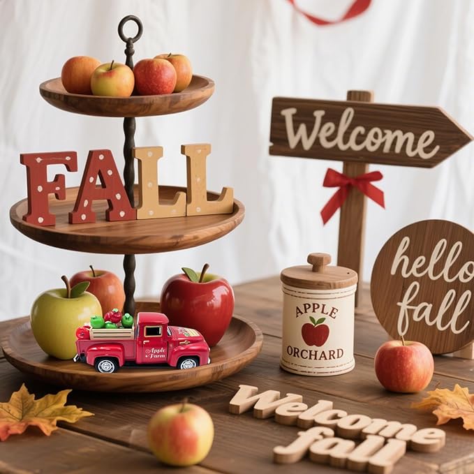 Apple Decor Farmhouse Vintage Red Truck with Fake Apples and Wooden Crate Fall Thanksgiving Table Decorations Mini Apples for Crafts Fall Tiered Tray Decor for Home Kitchen Apple Theme New Year Gifts
