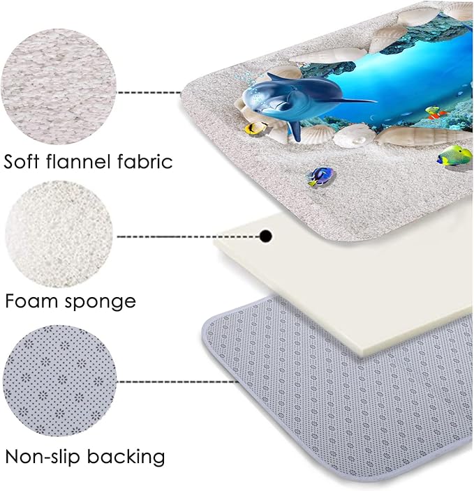 Bath Rugs Sponge Foam Absorbent Soft for Bathroom and Kitchen (71 x 24 inches), Flannel Mat Non Slip Bright 3D Print for Bedside and Living Room(Heart-Shaped Beach Dolphin)