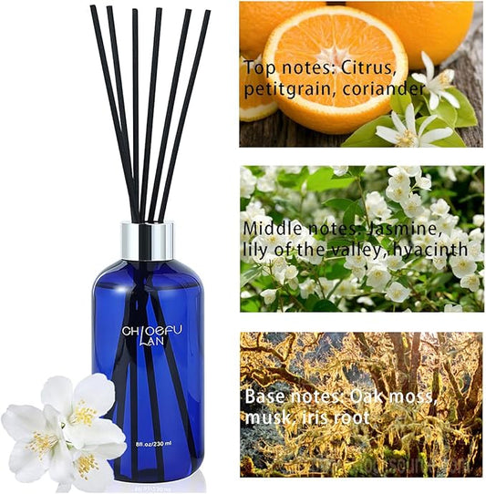 Chloefu Lan Jasmine Reéd Diffuser,8.1 oz Natural Essential Scented Oil with Diffuser Sticks,Blue Jar, Home & Office Decor Aromatherapy Diffuser Oil Gift Set