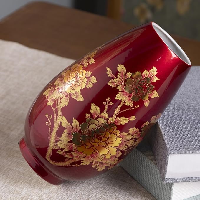 9 Inch Glossy Vintage Ceramic Vase with Floral Design,Flower Vases for Dining Table & Wedding Centerpiece, Handcrafted Home Decor,Boho Decoration for Living Room,Office,Entryway,Pampas Grass(Wine red)