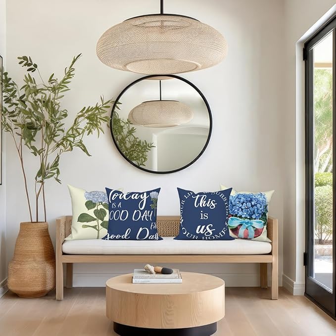 Blue Flowers Throw Pillow Covers 18"x18" Set of 4, Spring Outdoor Pillow Covers Home Decorative Floral Printed Cushion Covers for Couch Sofa Bedroom Farmhouse Livingroom Garden Patio Car