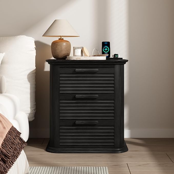 22'' Fluted Nightstand with Charging Station Set of 2, Modern End Table w/ 3 Drawers and Storage, Wood Night Stand with Round Corner, Side Table Dresser for Bedroom, Living Room, Curved Profile,Black