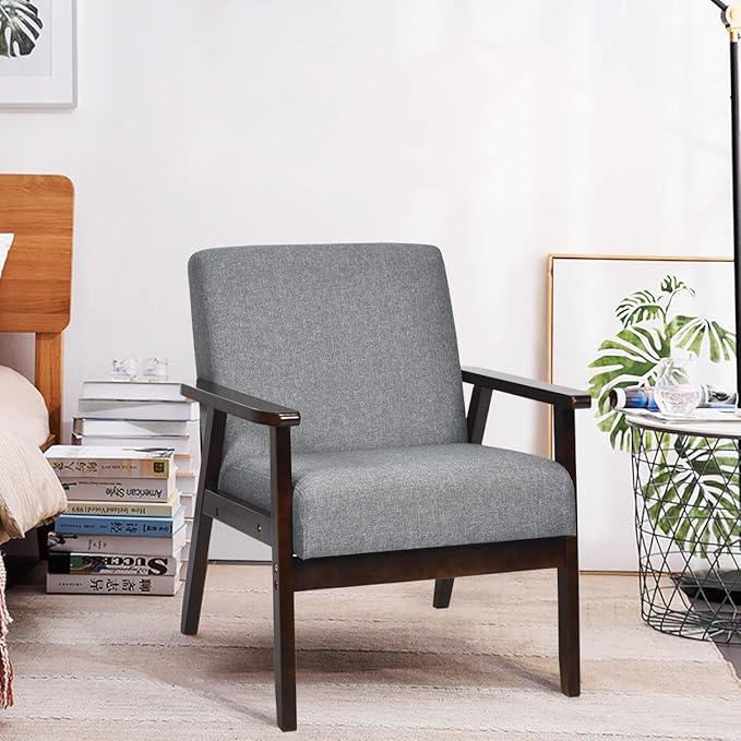 Giantex Mid-Century Modern Accent Chair, Retro Fabric Armchair, Solid Hardwood Made, Upholstered Linen Lounge Arm Chair for Living Room (1, Dark Grey)