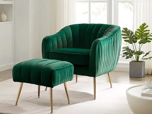 Velvet Accent Chair with Ottoman, Modern Tufted Barrel Chair Ottoman Set for Living Room Bedroom, Golden Finished, Dark Green