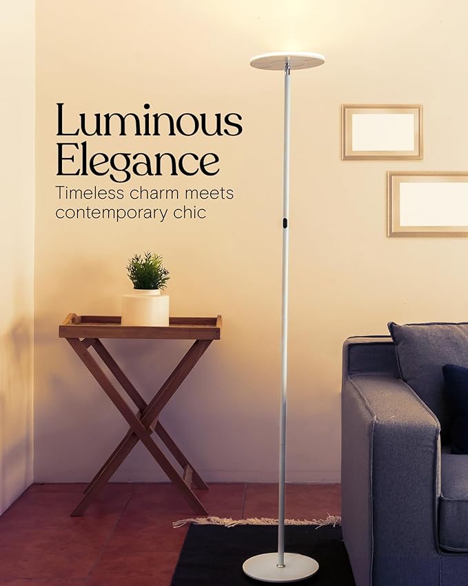 Brightech Sky LED Torchiere Super Bright Floor Lamp - Contemporary, High Lumen Light for Living Rooms and Offices - Dimmable, Indoor Pole Uplight for Bedroom Reading - White