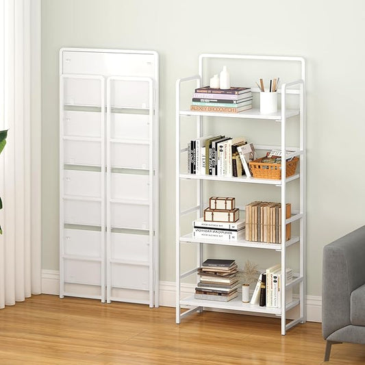 4NM No Assembly Folding Bookshelf, 4-Shelf 54" H Collapsible Foldable Bookcase Storage for Small Spaces, All White