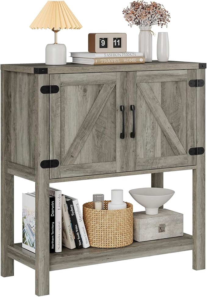 Console Table with 2-Door Cabinet Coffee Bar Cabinet Sofa Table,Entryway Table with Storage, Farmhouse Buffet Sideboard (Grey)