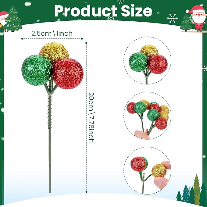 12 Pcs Christmas Tree Ball Ornaments Christmas Ball Picks for Xmas Tree Wreath Garland Vase Stairs Decoration Home Decor (Gold, Green, Red)