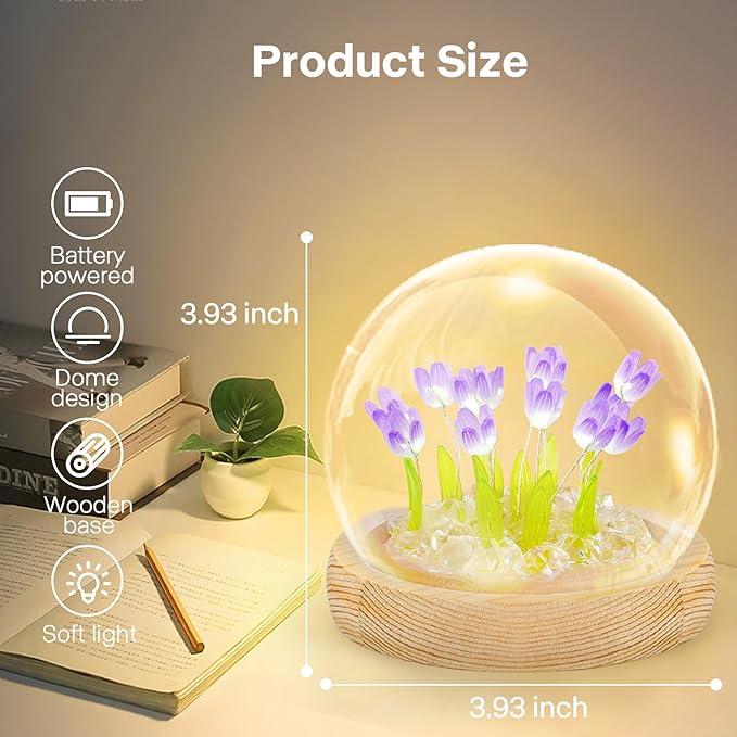 ONXE Birthday Flower Gifts for Mom,Tulips Night Light Small Glass Flower Lamp with Wooden Base for Home Decor Romantic Unique Christmas Gift for Women Girlfriend Sister Grandma Wife Her