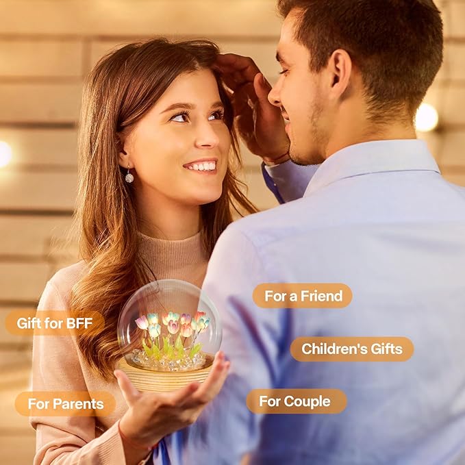 ONXE Birthday Flower Gifts for Mom,Tulips Night Light Small Glass Flower Lamp with Wooden Base for Home Decor Romantic Unique Christmas Gift for Women Girlfriend Sister Grandma Wife Her