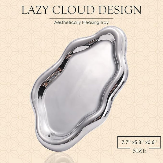 Ceramic Jewelry Tray Trinket Dish, Decorative Cloud Vanity Key Tray for Women, Ring Holder Dish, Cute Jewelry Plate Bowl Room Decor Aesthetic, Silver, Medium