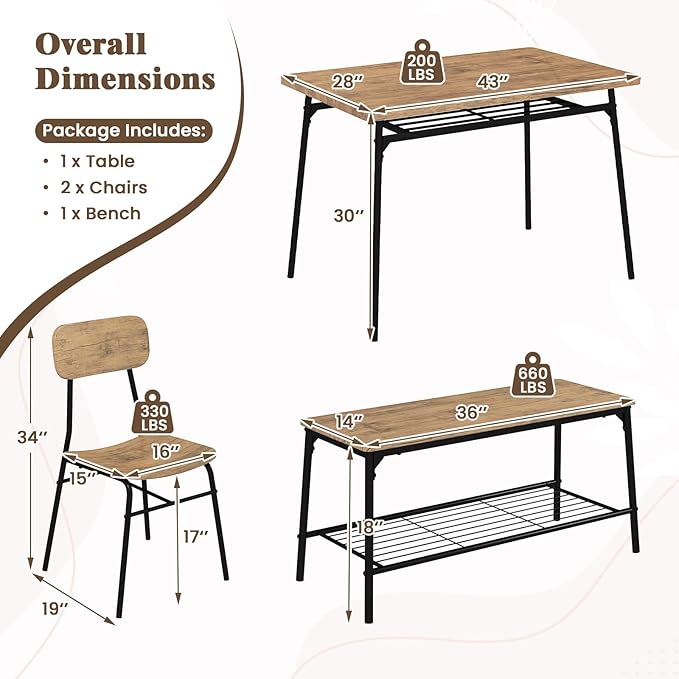 GOFLAME 4-Piece Dining Table Set for 4, Industrial Rectangular Kitchen Table with Bench and 2 Chairs, Storage Racks, Metal Frame, Space-Saving Dinette Set for Dining Room, Living Room, Breakfast Nook
