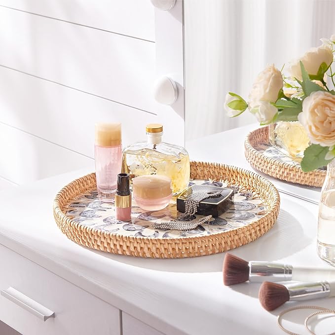 Rattan Tray with Mother of Pearl Inlay, Round Rattan Serving Tray with Wooden Base, Decorative Wicker Basket for Table Decor, Mosaic Tray for Storage and Display of Jewelry Coffee Food (Aqua Green)