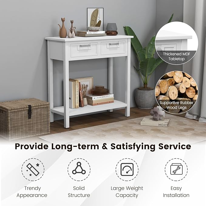 GOFLAME Small Console Table with 2 Drawers, 31” Entry Table with Storage Shelf, Modern, Narrow Sofa Table for Living Room, Hallway, Entrance (White)
