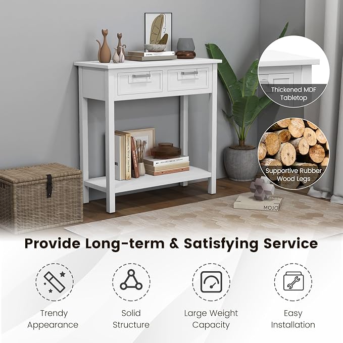 GOFLAME Console Table with 2 Drawers, 31” Entry Table with Storage Shelf, Modern, Narrow Sofa Table for Living Room, Hallway, Entrance (White)