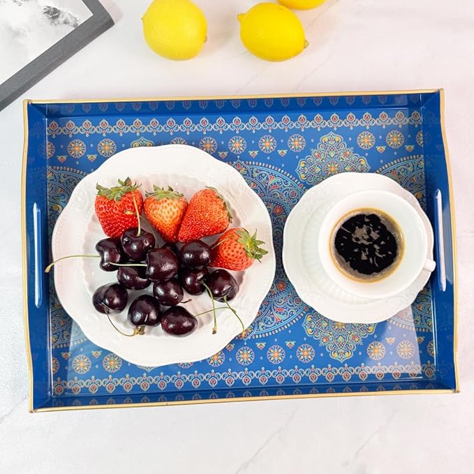 Boho Blue Decorative Tray, Serving Tray with Handles, Plastic Tray for Coffee Table, Ottoman - Ideal for Living Room & Bathroom. 15” x 11” x 2.5”