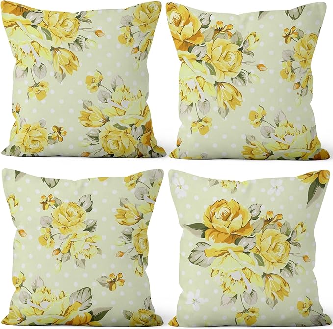 Light Yellow Flower Throw Pillow Covers 26"x26" Set of 4, Retro Floral Decorative Pillowcases for Sofa Chair Couch Bed Living Room Office Car Garden Patio Farmhouse Indoor Outdoor