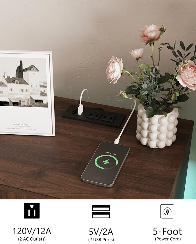 Nightstand with Charging Station and LED Lights,Modern Bedside Table with 2 Storage Drawer,Night Stand with Solid Wood Legs,White (Walnut Brown)