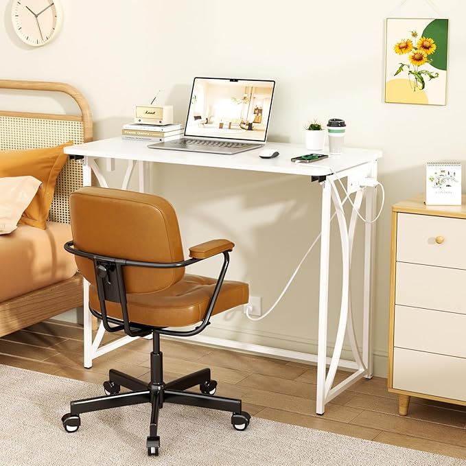 Foldable Desk, 31.5" Small Desk for Bedroom with Power Outlet, Space Saving Folding Computer Desk for Home Office, Easy Assembly, White