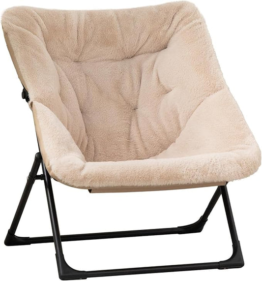 HollyHOME X-Large Saucer Chair, Comfy Oversized Folding Chair, Faux-Fur Reading Chair for Teens, Adults, Foldable Accent Lazy Chair, Metal Lounge Chair for Living Room, Bedroom, Dorm, Light Khaki
