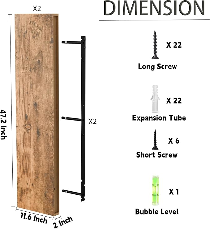 12 Inch Deep Floating Shelves, 48 Inch Fireplace Mantel Set of 2, Rustic Brown Hanging Shelf with Invisible Brackets, Display Shelves Wall Mounted for Bedroom, Kitchen, Office, Living Room