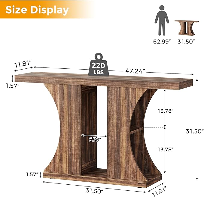 VANOMi 47" Farmhouse Console Table Behind Sofa Couch with Stroage, Industrial Hallway Table with 4 Shelves Storage, Wooden Accent Sofa Table for Entry Living Room Hallway Foyer