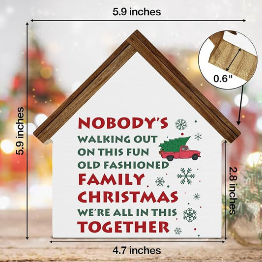 Funny Christmas Decor, Old Fashioned Family Christmas House Shaped Wood Block Sign, Xmas Holiday Vacation Home Decorations for Desk Table Shelf