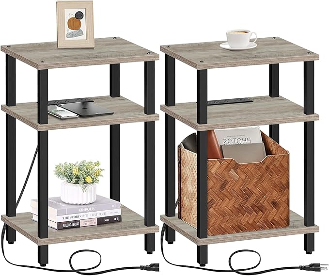 TUTOTAK Set of 2 End Table with Charging Station, Side Table with USB Ports and Outlets, Nightstand, 3-Tier Storage Shelf, Sofa Table for Small Space TB01BG0422
