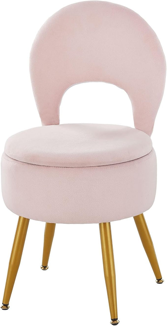Vanity Stool with Storage and Backrest, Folding Back & Velvet Seat, Footrest, Round Ottoman with Sherpa, Vanity Chair with Storage, Ideal for Bedroom, Living Room, and Makeup Stations