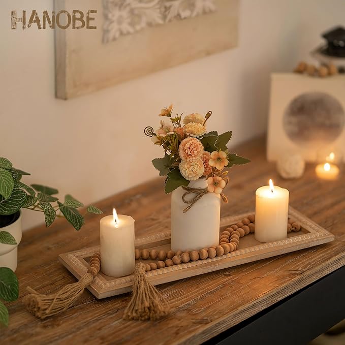 Hanobe Decorative Wood Candle Tray: Rustic Rectangle Beaded Centerpiece Table Decorations Farmhouse Long Narrow Tealight Candle Holders Plate for Dining Room Coffee Table Decor