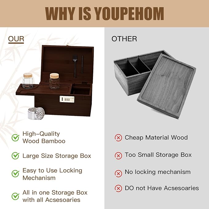 Large bamboo box, locked storage decorative box with combination lock, wooden lock box with lid, wooden locked storage box with removable tray and jars (Brown)