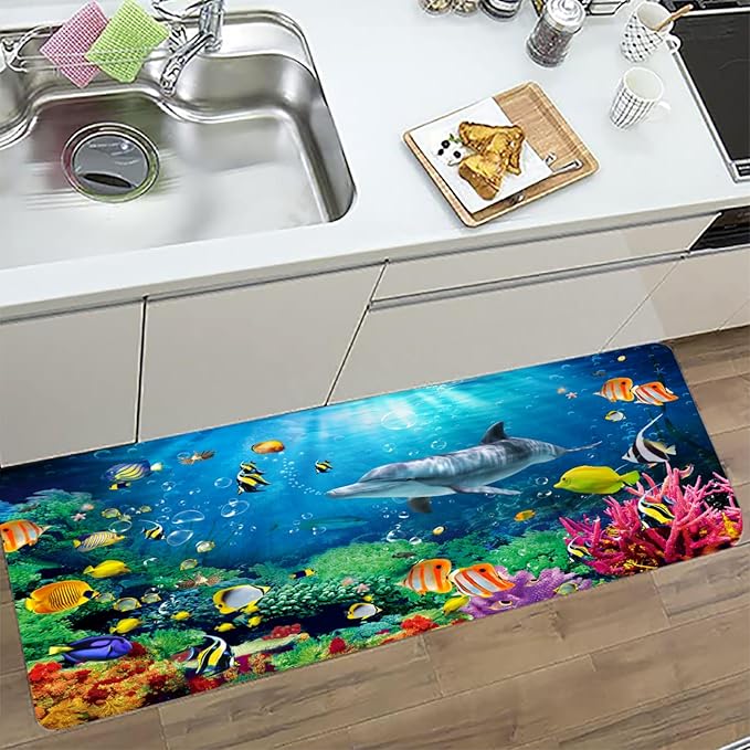 Bath Rugs Sponge Foam Absorbent Soft for Bathroom and Kitchen (47x18 inches),Flannel Mat Non Slip Bright 3D Print for Bedside and Living Room(Dolphin Coral Fish School)